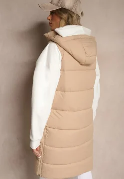 Ciemnobeżowa Kamizelka Pikowana z Kapturem Ozdobiona Sznurkami Eleandra