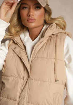 Ciemnobeżowa Kamizelka Pikowana z Kapturem Ozdobiona Sznurkami Eleandra