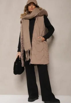 Ciemnobeżowa Kamizelka Pikowana z Kapturem i Odczepianym Futerkiem Innaleia