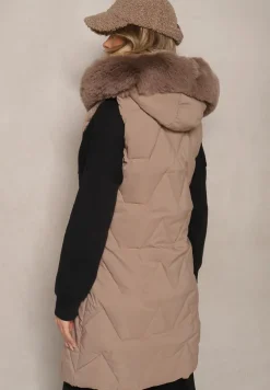 Ciemnobeżowa Kamizelka Pikowana z Kapturem i Odczepianym Futerkiem Innaleia