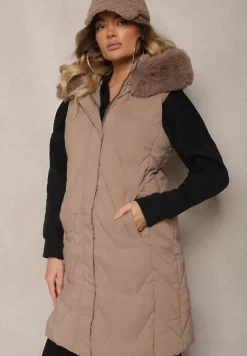 Ciemnobeżowa Kamizelka Pikowana z Kapturem i Odczepianym Futerkiem Innaleia