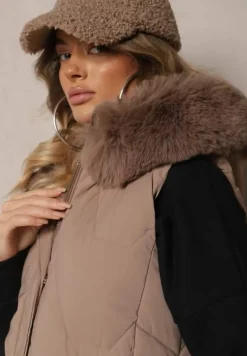 Ciemnobeżowa Kamizelka Pikowana z Kapturem i Odczepianym Futerkiem Innaleia