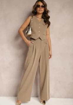 Ciemnobeżowa Kamizelka w Stylu Garniturowym z Imitacją Kieszonek Odinen