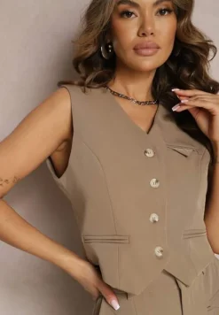 Ciemnobeżowa Kamizelka w Stylu Garniturowym z Imitacją Kieszonek Odinen