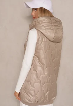 Ciemnobeżowa Kamizelka z Kapturem Ozdobą i Pikowaniem Desirala