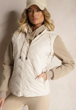 Ciemnobeżowa Kamizelka z Odpinanym Kapturem Ozdobiona Pikowanym Wzorem Saritha