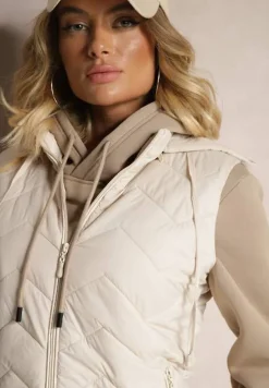 Ciemnobeżowa Kamizelka z Odpinanym Kapturem Ozdobiona Pikowanym Wzorem Saritha