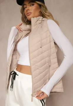 Ciemnobeżowa Kamizelka z Ozdobnym Pikowaniem i Kapturem z Możliwością Odpięcia Ninaviona
