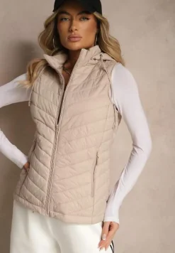 Ciemnobeżowa Kamizelka z Ozdobnym Pikowaniem i Kapturem z Możliwością Odpięcia Ninaviona