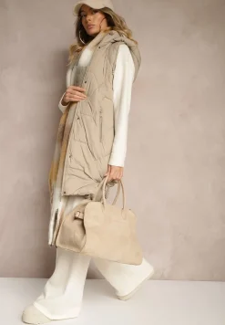 Ciemnobeżowa Kamizelka z Pikowaniem Ściągaczami i Kapturem z Możliwością Odpięcia Norinvia