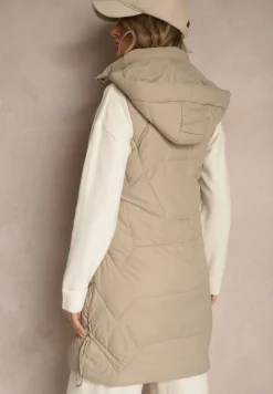 Ciemnobeżowa Kamizelka z Pikowaniem Ściągaczami i Kapturem z Możliwością Odpięcia Norinvia