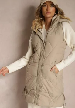 Ciemnobeżowa Kamizelka z Pikowaniem Ściągaczami i Kapturem z Możliwością Odpięcia Norinvia