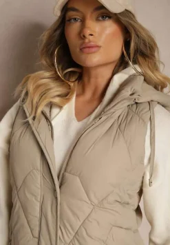 Ciemnobeżowa Kamizelka z Pikowaniem Ściągaczami i Kapturem z Możliwością Odpięcia Norinvia