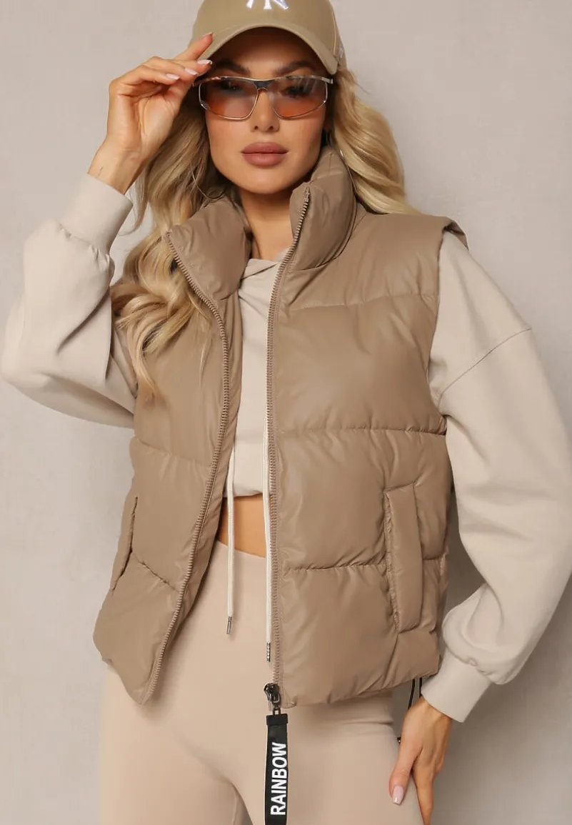 Ciemnobeżowa Kamizelka z Wysokim Kołnierzem i Suwakiem z Ozdobą Aklaria