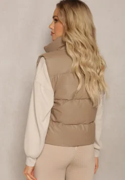 Ciemnobeżowa Kamizelka z Wysokim Kołnierzem i Suwakiem z Ozdobą Aklaria
