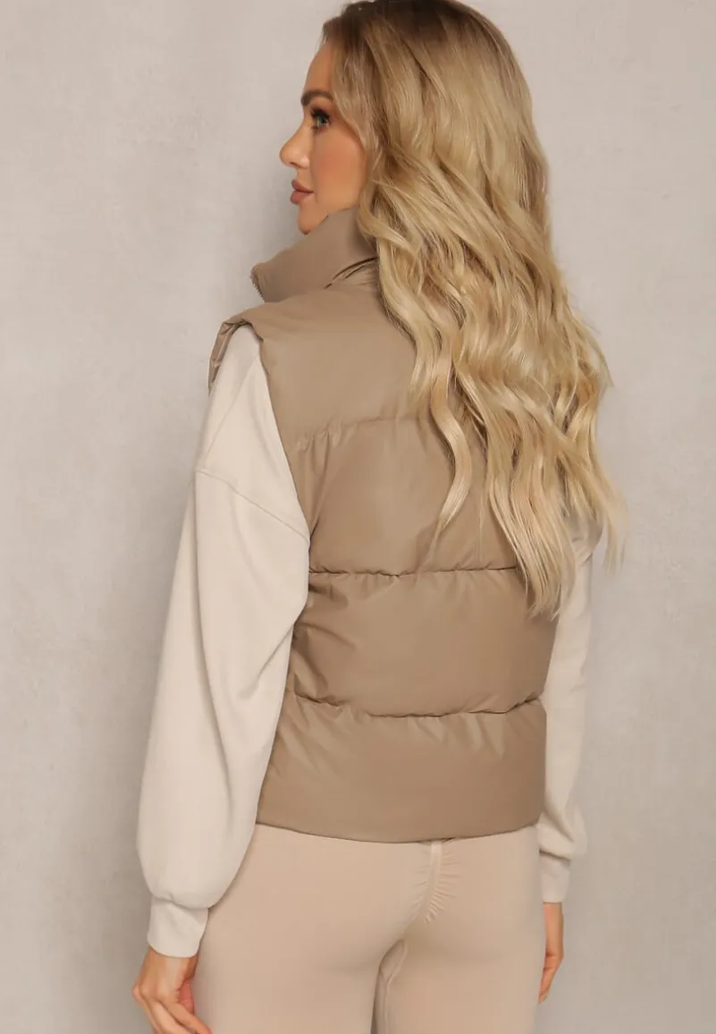 Ciemnobeżowa Kamizelka z Wysokim Kołnierzem i Suwakiem z Ozdobą Aklaria