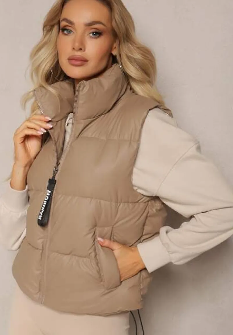 Ciemnobeżowa Kamizelka z Wysokim Kołnierzem i Suwakiem z Ozdobą Aklaria