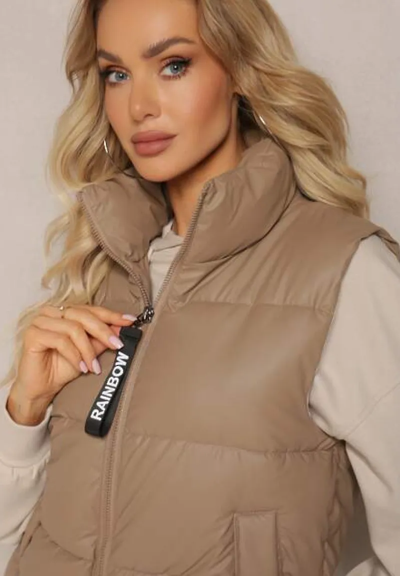 Ciemnobeżowa Kamizelka z Wysokim Kołnierzem i Suwakiem z Ozdobą Aklaria