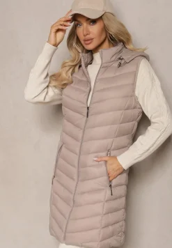 Ciemnobeżowa Kamizelka z z Odpinanym Kapturem Ozdobiona Pikowaniem Ivathira