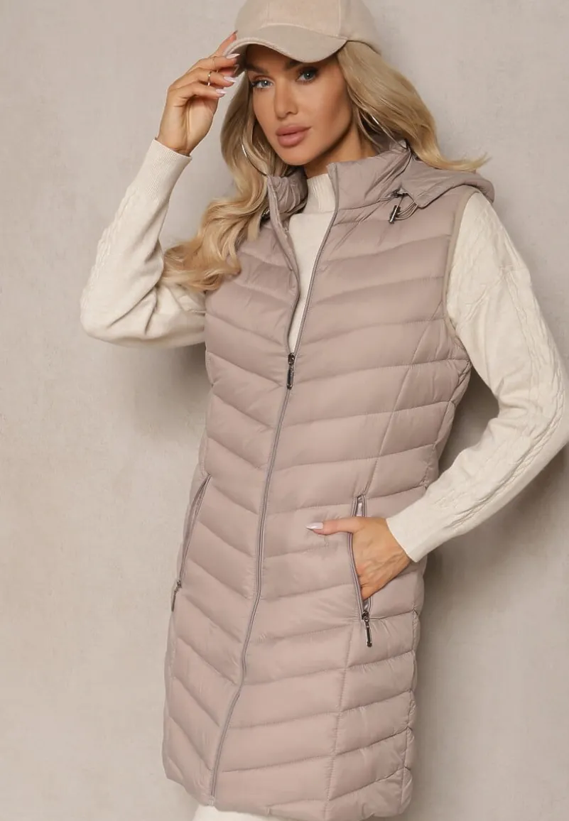 Ciemnobeżowa Kamizelka z z Odpinanym Kapturem Ozdobiona Pikowaniem Ivathira