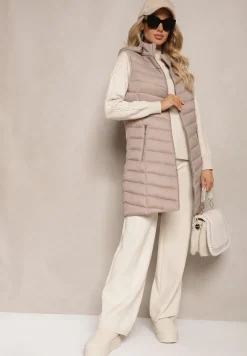 Ciemnobeżowa Kamizelka z z Odpinanym Kapturem Ozdobiona Pikowaniem Ivathira