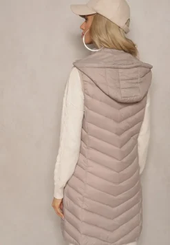 Ciemnobeżowa Kamizelka z z Odpinanym Kapturem Ozdobiona Pikowaniem Ivathira