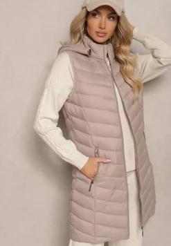 Ciemnobeżowa Kamizelka z z Odpinanym Kapturem Ozdobiona Pikowaniem Ivathira