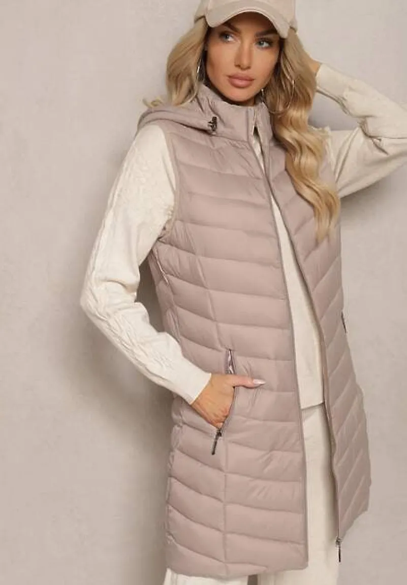 Ciemnobeżowa Kamizelka z z Odpinanym Kapturem Ozdobiona Pikowaniem Ivathira