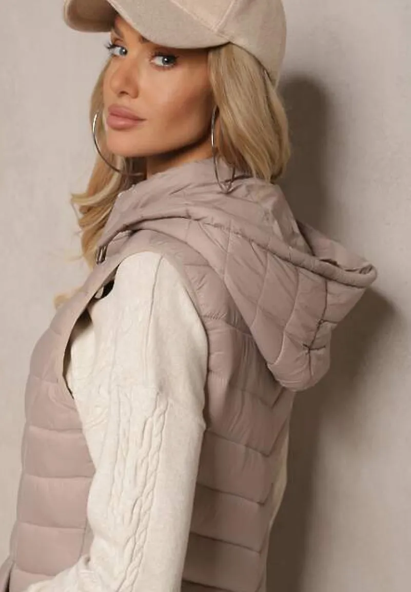 Ciemnobeżowa Kamizelka z z Odpinanym Kapturem Ozdobiona Pikowaniem Ivathira