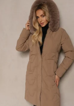Ciemnobeżowa Kurtka Długa z Ozdobnym Pikowaniem z Kapturem i Futerkiem Verticea