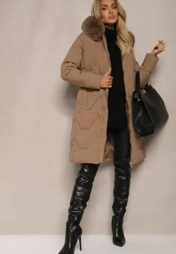 Ciemnobeżowa Kurtka Długa z Ozdobnym Pikowaniem z Kapturem i Futerkiem Verticea