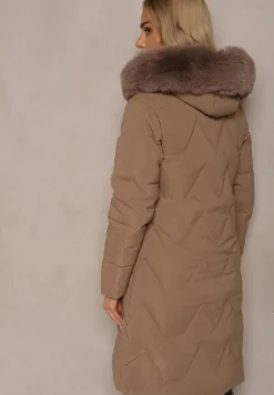 Ciemnobeżowa Kurtka Długa z Ozdobnym Pikowaniem z Kapturem i Futerkiem Verticea