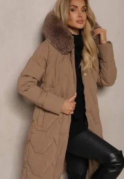 Ciemnobeżowa Kurtka Długa z Ozdobnym Pikowaniem z Kapturem i Futerkiem Verticea