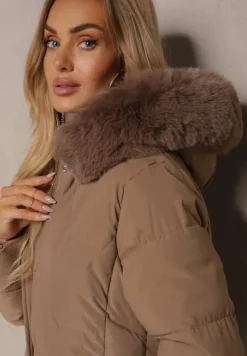 Ciemnobeżowa Kurtka Długa z Ozdobnym Pikowaniem z Kapturem i Futerkiem Verticea