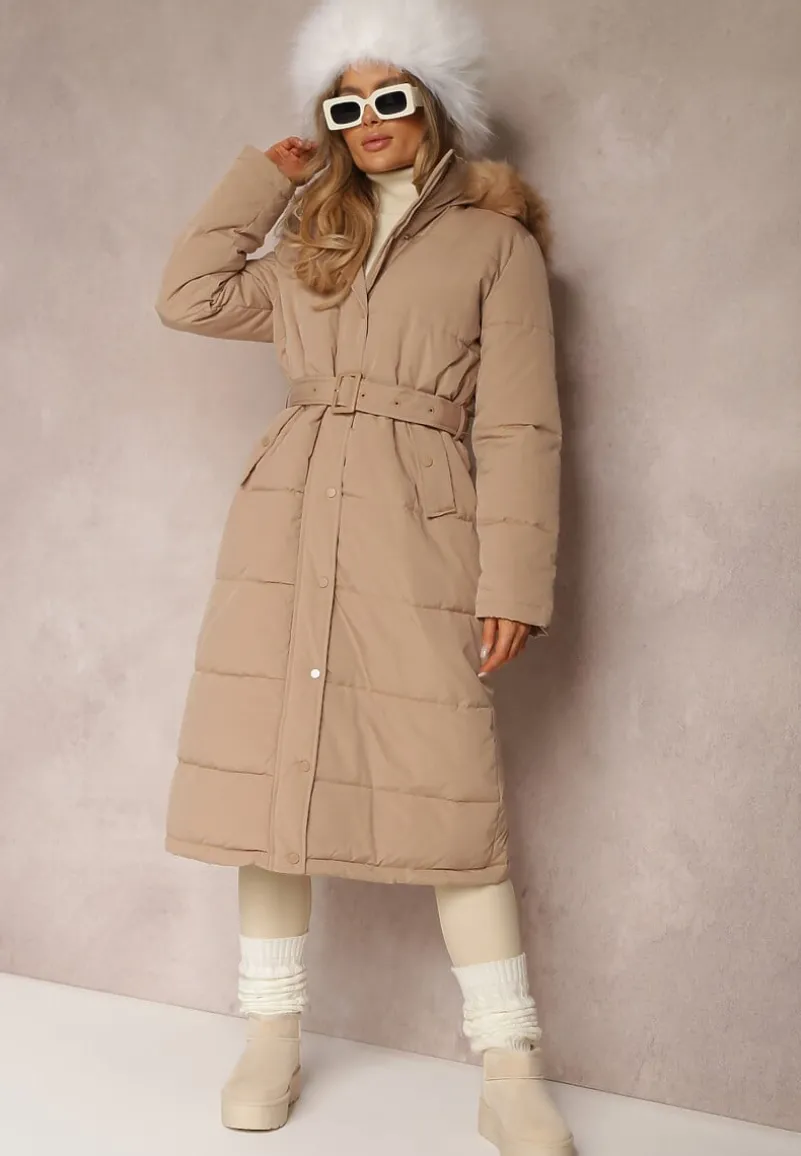 Ciemnobeżowa Kurtka Długa z Paskiem i Kapturem Pikowana Nilme