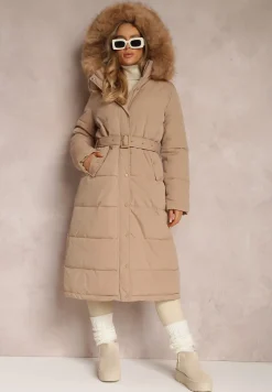 Ciemnobeżowa Kurtka Długa z Paskiem i Kapturem Pikowana Nilme