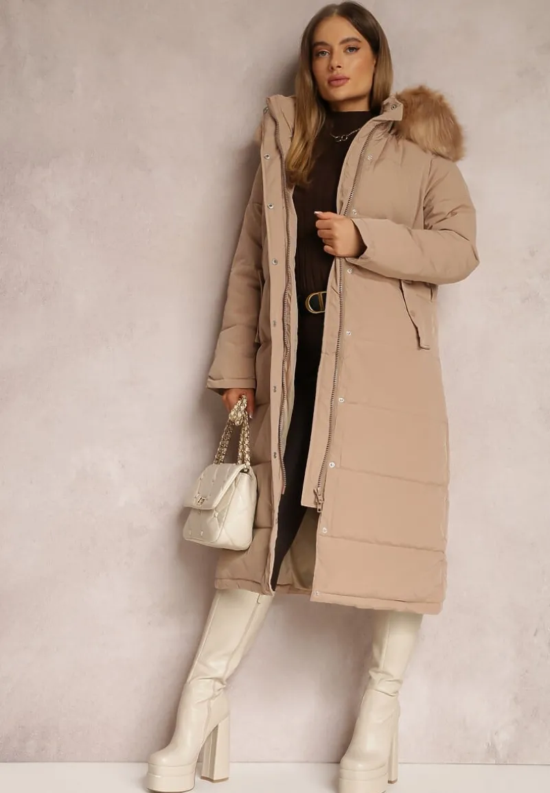 Ciemnobeżowa Kurtka Długa z Paskiem i Kapturem Pikowana Nilme