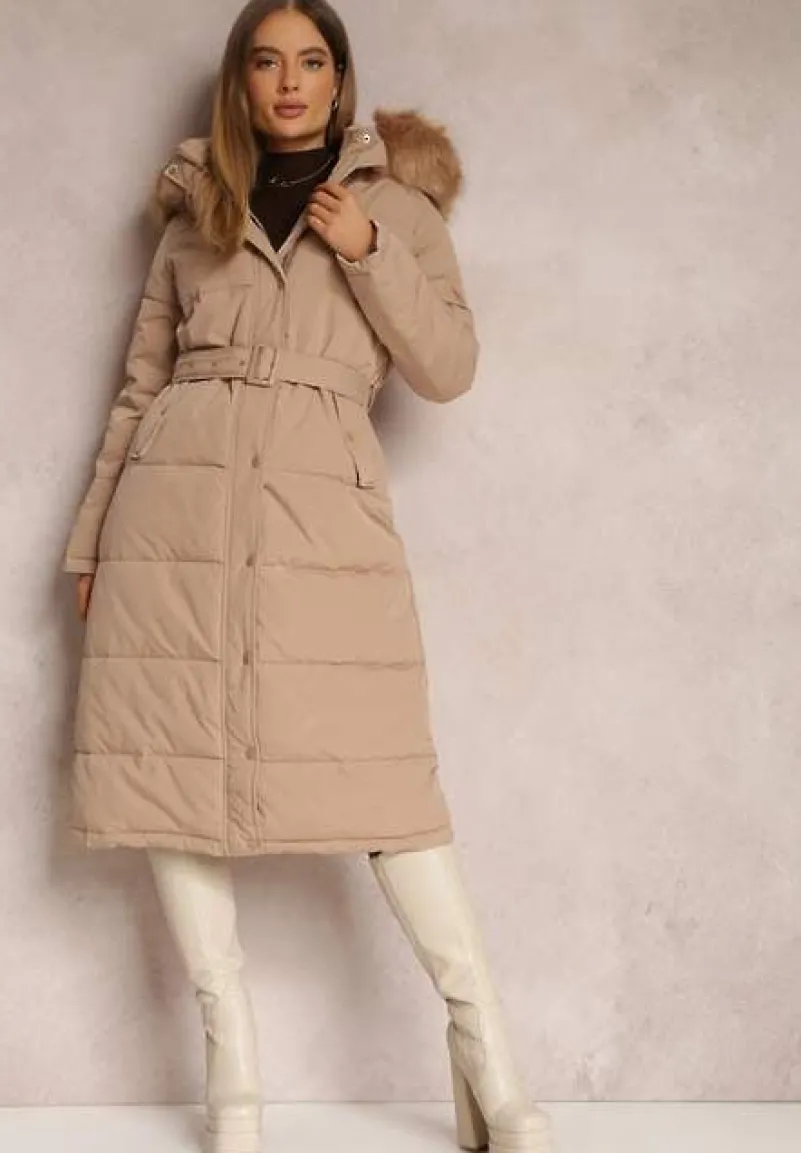 Ciemnobeżowa Kurtka Długa z Paskiem i Kapturem Pikowana Nilme