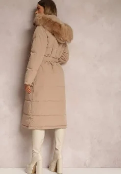 Ciemnobeżowa Kurtka Długa z Paskiem i Kapturem Pikowana Nilme