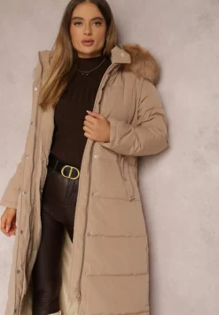Ciemnobeżowa Kurtka Długa z Paskiem i Kapturem Pikowana Nilme