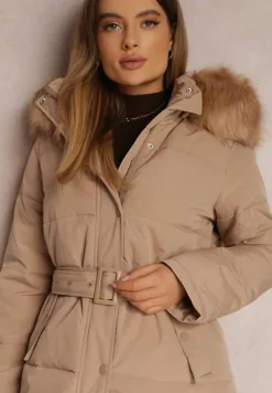 Ciemnobeżowa Kurtka Długa z Paskiem i Kapturem Pikowana Nilme
