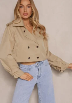 Ciemnobeżowa Kurtka Dwurzędowa Stylizowana na Krótki Trencz z Wiskozy i Bawełny Feldexia