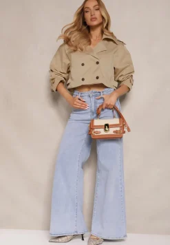 Ciemnobeżowa Kurtka Dwurzędowa Stylizowana na Krótki Trencz z Wiskozy i Bawełny Feldexia