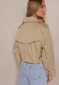 Ciemnobeżowa Kurtka Dwurzędowa Stylizowana na Krótki Trencz z Wiskozy i Bawełny Feldexia