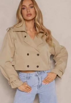 Ciemnobeżowa Kurtka Dwurzędowa Stylizowana na Krótki Trencz z Wiskozy i Bawełny Feldexia