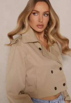 Ciemnobeżowa Kurtka Dwurzędowa Stylizowana na Krótki Trencz z Wiskozy i Bawełny Feldexia