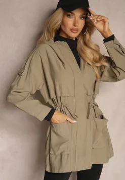 Ciemnobeżowa Kurtka o Fasonie Parki z Kapturem i Troczkiem Mevalla