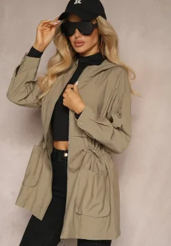 Ciemnobeżowa Kurtka o Fasonie Parki z Kapturem i Troczkiem Mevalla