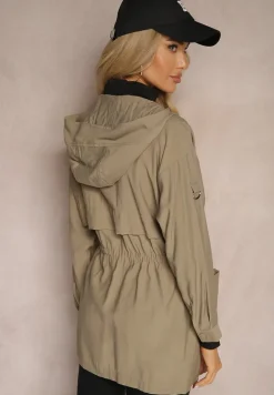 Ciemnobeżowa Kurtka o Fasonie Parki z Kapturem i Troczkiem Mevalla