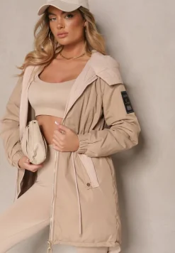 Ciemnobeżowa Kurtka o Kroju Parki z Kapturem i Ściągaczem w Talii Zizana